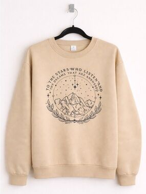 Graphic Beige Crewneck Sweatshirt M ACOTAR Quote Stars Mountain Cozy Aesthetic